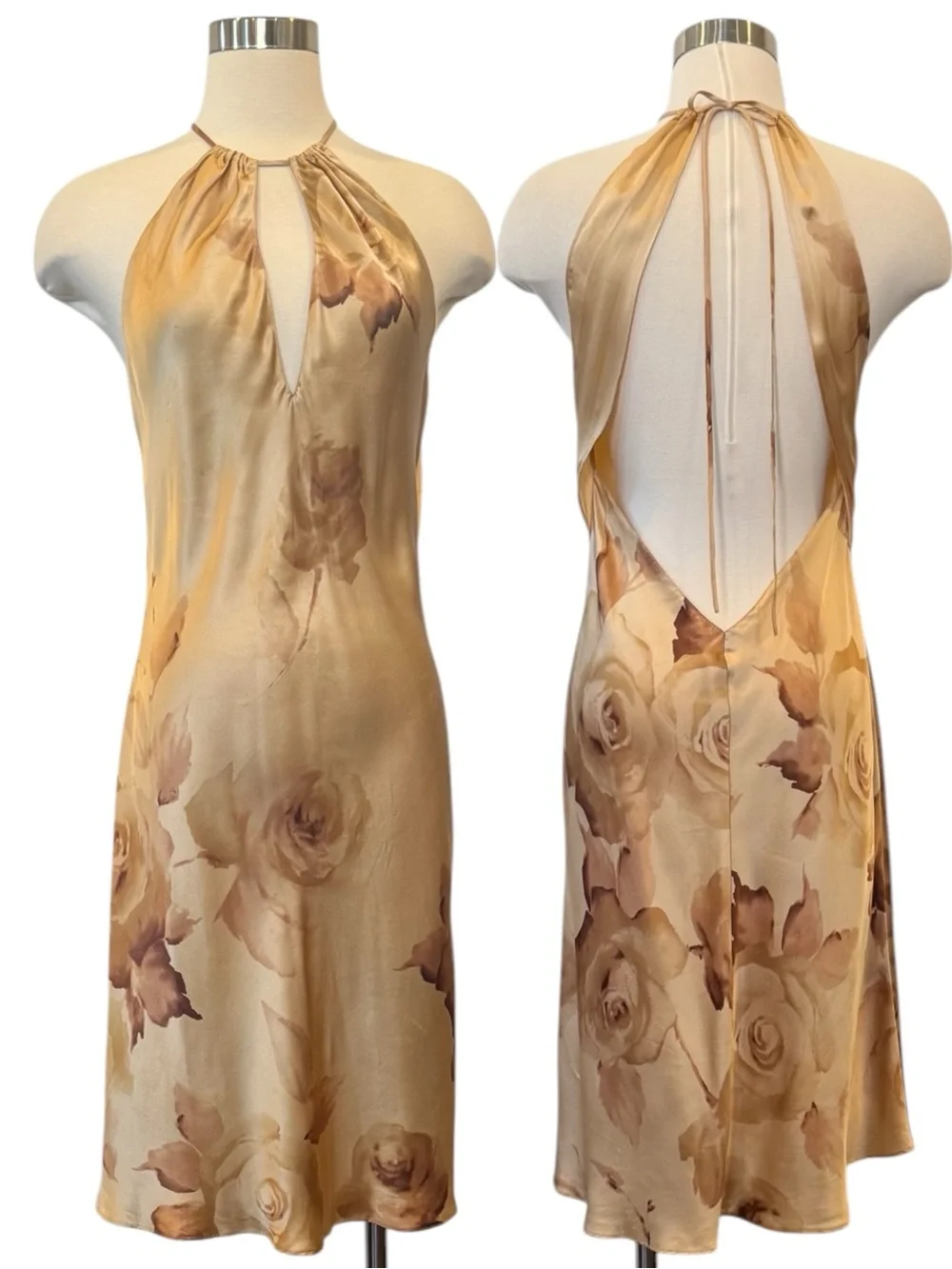 🌺SOLD🌺 Victoria’s Secret 100% Silk Gold Floral Vintage Midi Halter Slip Dress M - Picture 9 of 9